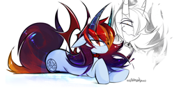 Size: 2860x1466 | Tagged: safe, artist:madragon, imported from derpibooru, oc, oc only, oc:vienna, pony, succubus, :3, collar, demon wings, devil horns, evil grin, female, floppy ears, grin, horns, looking at you, lying down, mare, sketch, sketch dump, smiling, solo, wings