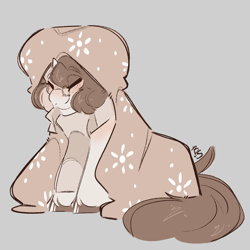 Size: 2500x2500 | Tagged: safe, artist:bananasplitedy, imported from derpibooru, oc, oc only, oc:bananasplitedy, unicorn, blanket, blushing, clothes, female, freckles, glasses, horn, mare, scarf, sketch, solo, striped scarf, tail, unicorn oc