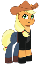 Size: 1077x1763 | Tagged: safe, artist:edy_january, artist:prixy05, edit, editor:edy january, imported from derpibooru, vector edit, applejack, earth pony, pony, applejack's hat, clothes, cowboy hat, denim, g4 to g5, g5, generation leap, gloves, hat, jacket, jean pants, jeans, my little pony: tell your tale, pants, shirt, simple background, solo, t-shirt, threat, transparent background, vector