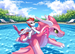 Size: 2535x1825 | Tagged: safe, artist:airiniblock, imported from derpibooru, oc, oc only, oc:swift apex, pegasus, pony, belly, cloud, inflatable toy, pegasus oc, pool toy, riding, sky, swimming pool, water, wings