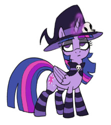 Size: 529x597 | Tagged: safe, artist:sunbusting, imported from derpibooru, twilight sparkle, alicorn, pony, choker, clothes, costume, female, halloween, halloween costume, hat, holiday, mare, nightmare night, nightmare night costume, simple background, skull, socks, solo, striped socks, twilight sparkle (alicorn), white background, witch costume, witch hat