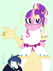 Size: 746x1000 | Tagged: safe, artist:kharmacal, imported from derpibooru, princess cadance, shining armor, human, clothes, connecticut clark, dress, female, humanized, male, meme, shiningcadance, shipping, size difference, straight, the bride and the ugly ass groom, wedding dress