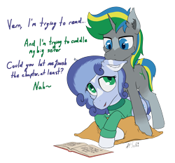 Size: 5760x5336 | Tagged: safe, artist:al solae, imported from derpibooru, oc, oc only, oc:hiemal breeze, oc:vernal breeze, earth pony, pony, unicorn, biting, blue eyes, book, brother and sister, clothes, cuddling, curly hair, curly mane, cushion, dialogue, duo, ear bite, ear fluff, earth pony oc, female, green eyes, horn, male, mare, reading, siblings, stallion, sweater, unicorn oc