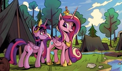 Size: 1170x683 | Tagged: safe, artist:kaleido-art, artist:lummh, imported from derpibooru, princess cadance, twilight sparkle, alicorn, pony, butt, camping, crown, female, hoof shoes, jewelry, mare, outdoors, peytral, plot, princess shoes, regalia, river, rock, stream, tent, tree, twibutt, twilight sparkle (alicorn), water