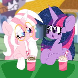 Size: 2000x2000 | Tagged: safe, artist:ladylullabystar, imported from derpibooru, twilight sparkle, oc, oc:lady lullaby star, alicorn, pegasus, pony, unicorn, alternate design, drink, female, glasses, horn, mare, milkshake, outdoors, twilight sparkle (alicorn)