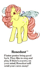 Size: 550x1000 | Tagged: safe, imported from derpibooru, rosedust, flutter pony, pegasus, pony, bow, cute, female, g1, g1 backstory, mare, my little pony fact file, official, rosedorable, smiling, solo, tail, tail bow, text