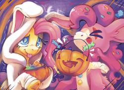 Size: 2126x1536 | Tagged: safe, artist:cutepencilcase, imported from derpibooru, fluttershy, pinkie pie, earth pony, pegasus, pony, animal costume, bag, bunny costume, candy bag, clothes, clown, clown makeup, costume, duo, halloween, halloween costume, holiday, nightmare night costume