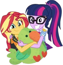 Size: 2466x2520 | Tagged: safe, edit, edited screencap, editor:mrtoonlover83, imported from derpibooru, screencap, sci-twi, sunset shimmer, twilight sparkle, bird, human, parakeet, equestria girls, background removed, equestria girls specials, female, glasses, my little pony equestria girls: rollercoaster of friendship, not a vector, plushie, ponytail, smiling