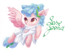 Size: 603x456 | Tagged: safe, artist:some_ponu, imported from derpibooru, cozy glow, pegasus, pony, clothes, female, filly, foal, freckles, laurel wreath, robe, signature, simple background, solo, spread wings, text, white background, wings