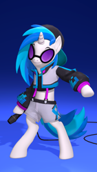 Size: 2160x3840 | Tagged: safe, artist:owlpirate, imported from derpibooru, dj pon-3, vinyl scratch, semi-anthro, unicorn, 3d, 4k, clothes, female, high res, hoof hold, horn, jacket, mare, microphone, midriff, shorts, solo, source filmmaker, suspenders