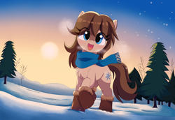 Size: 1938x1334 | Tagged: safe, artist:spoonie, oc, oc:frosty flakes, earth pony, pony, clothes, featured image, female, looking at you, mare, scarf, scenery, sky, snow, snowpony, solo, sun, tree, yakutian horse