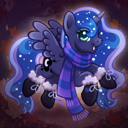 Size: 2400x2400 | Tagged: safe, artist:sparkytopia, imported from derpibooru, princess luna, alicorn, pony, autumn, boots, clothes, commission, eyeshadow, female, leaves, looking at you, makeup, mare, night, open mouth, open smile, outdoors, scarf, shoes, signature, smiling, solo, spread wings, wings, ych example, your character here