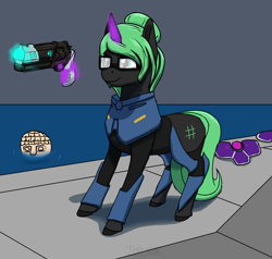 Size: 1510x1440 | Tagged: safe, artist:terminalhash, imported from derpibooru, oc, pony, unicorn, clothes, cosplay, costume, gun, handgun, horn, magic, pistol, ponified, revolver, simple background, solo, ultrakill, v1, weapon