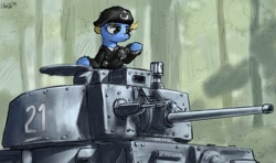 Size: 900x534 | Tagged: safe, artist:uteuk, imported from derpibooru, oc, clothes, female, mare, military, military pony, military uniform, panzer, panzer 38(t), soldier, soldier pony, tank (vehicle), uniform, weapon