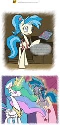 Size: 1280x2654 | Tagged: safe, artist:askaponywithbraces, imported from derpibooru, air way, allie way, pearly whites, princess celestia, pony, apron, book, braces, clothes, female, filly, foal, magic