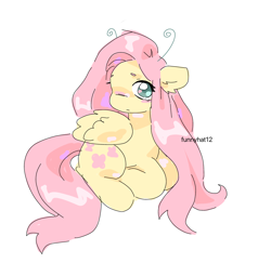 Size: 2048x1988 | Tagged: safe, artist:funnyhat12, imported from derpibooru, fluttershy, pegasus, female, lying down, mare, prone, simple background, solo, white background