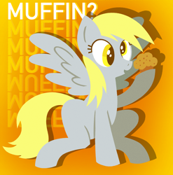 Size: 2772x2811 | Tagged: safe, artist:catponything, imported from derpibooru, derpy hooves, pegasus, pony, female, food, mare, muffin, open mouth, sitting, smiling, solo, spread wings, text, wings