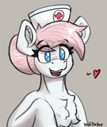 Size: 867x1032 | Tagged: safe, artist:reddthebat, imported from derpibooru, nurse redheart, earth pony, pony, bust, chest fluff, ear fluff, eye clipping through hair, eyebrows, eyebrows visible through hair, female, gray background, heart, looking at you, mare, no pupils, open mouth, open smile, signature, simple background, smiling, smiling at you, solo, spoken heart