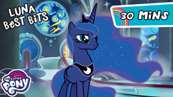 Size: 720x404 | Tagged: safe, imported from derpibooru, princess luna, alicorn, pony, female, folded wings, hmm, mare, my little pony logo, official, peytral, uncanny valley, wings, youtube thumbnail