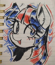 Size: 3000x3567 | Tagged: safe, artist:lazy-ale, imported from derpibooru, twilight sparkle, pony, bust, eye clipping through hair, female, floating heart, heart, limited palette, looking at you, mare, open mouth, open smile, smiling, smiling at you, solo, traditional art