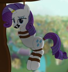 Size: 2200x2355 | Tagged: safe, artist:cardshark777, imported from derpibooru, rarity, unicorn, alternate version in the description, alternate versions at source, blue eyes, blurry background, bondage, bound and gagged, building, duct tape, female, femsub, gag, grass, hanging, helpless, horn, horn ring, jewelry, lidded eyes, looking at you, magic suppression, mare, ponyville, rarisub, ring, rope, rope bondage, ropes, sky, solo, submissive, suspended, suspension bondage, tape, tape gag, tied up, tree, water