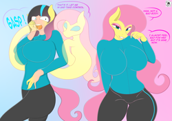 Size: 7056x4962 | Tagged: safe, artist:skyspeardraw, imported from derpibooru, fluttershy, anthro, human, absurd resolution, big breasts, breasts, clothes, female, gradient background, huge breasts, human to anthro, possession, speech bubble, transformation