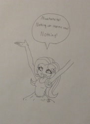 Size: 2287x3144 | Tagged: safe, anonymous artist, derpibooru exclusive, imported from derpibooru, fluttershy, human, equestria girls, armpits, arms in the air, clothes, evil grin, evil laugh, female, grin, hands in the air, laughing, monochrome, open mouth, pencil drawing, shirt, simple background, sleeveless, sleeveless shirt, smiling, solo, speech bubble, tanktop, traditional art, white background