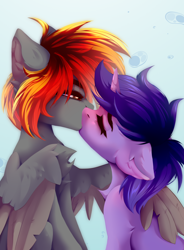 Size: 2500x3400 | Tagged: safe, artist:milkusy, imported from derpibooru, oc, oc:grapie, oc:rony ram, pegasus, pony, unicorn, duo, duo male and female, eyes closed, female, female oc, horn, hug, kissing, male, male oc, winghug, wings, yellow eyes