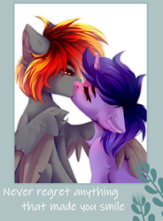 Size: 2500x3400 | Tagged: safe, artist:milkusy, imported from derpibooru, oc, oc:grapie, oc:rony ram, pegasus, pony, unicorn, duo, duo male and female, eyes closed, female, female oc, horn, hug, kissing, male, male oc, text, winghug, wings, yellow eyes