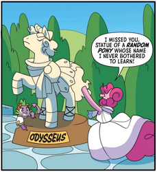 Size: 793x865 | Tagged: safe, artist:jenna ayoub, idw, imported from derpibooru, pinkie pie, spike, dragon, earth pony, pony, spoiler:comic, clothes, cropped, female, male, mare, my little pony classics reimagined: the odyssey, odysseus, stallion, statue