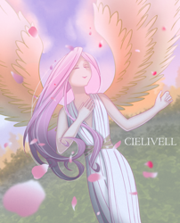 Size: 2186x2700 | Tagged: safe, artist:cielivell, imported from derpibooru, fluttershy, human, pegasus, humanized, petals, solo, spring