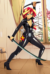 Size: 832x1216 | Tagged: safe, imported from derpibooru, sunset shimmer, human, equestria girls, ai content, ai generated, boots, breasts, catsuit, cleavage, clothes, duo swords, duo weapons, female, fighting stance, generator:novelai, generator:stable diffusion, high heel boots, high heels, indoors, latex, martial arts, prompter:shojin, shoes, skintight clothes, solo, sword, weapon