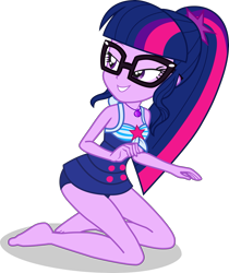 Size: 3125x3727 | Tagged: safe, alternate version, artist:dustinwatsongkx, imported from derpibooru, sci-twi, twilight sparkle, human, equestria girls, equestria girls series, x marks the spot, bare shoulders, barefoot, clothes, equestria girls specials, feet, female, geode of telekinesis, glasses, high res, kneeling, magical geodes, my little pony equestria girls: better together, my little pony equestria girls: forgotten friendship, one-piece swimsuit, sci-twi swimsuit, simple background, sleeveless, solo, swimsuit, transparent background, vector