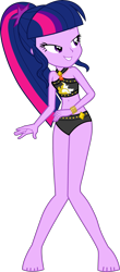 Size: 1960x4457 | Tagged: safe, alternate version, artist:dustinwatsongkx, imported from derpibooru, sci-twi, twilight sparkle, human, equestria girls, accessory swap, bare shoulders, barefoot, bikini, bikini bottom, clothes, clothes swap, feet, female, geode of empathy, magical geodes, missing accessory, my little pony equestria girls: better together, no glasses, simple background, sleeveless, solo, sunset shimmer swimsuit, sunset shimmer's beach shorts swimsuit, swimsuit, swimsuit swap, transparent background, vector