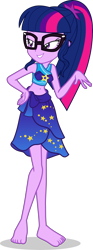 Size: 1584x4245 | Tagged: safe, alternate version, artist:dustinwatsongkx, imported from derpibooru, sci-twi, twilight sparkle, human, equestria girls, bare shoulders, barefoot, belly, belly button, clothes, clothes swap, feet, female, flirting, sarong, simple background, sleeveless, solo, sports bra, swimsuit, swimsuit swap, transparent background, trixie's beach shorts swimsuit