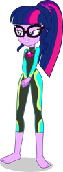 Size: 1525x4164 | Tagged: safe, alternate version, artist:dustinwatsongkx, imported from derpibooru, sci-twi, twilight sparkle, human, equestria girls, accessory swap, barefoot, clothes, clothes swap, feet, female, fluttershy's wetsuit, geode of fauna, glasses, magical geodes, my little pony equestria girls: better together, simple background, solo, swimsuit, swimsuit swap, transparent background, vector, wetsuit