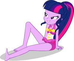 Size: 2636x2171 | Tagged: safe, alternate version, artist:dustinwatsongkx, imported from derpibooru, sci-twi, twilight sparkle, human, equestria girls, accessory swap, bare shoulders, barefoot, clothes, clothes swap, feet, female, geode of sugar bombs, high res, magical geodes, missing accessory, no glasses, one-piece swimsuit, pinkie pie swimsuit, pinkie pie's beach shorts swimsuit, simple background, sleeveless, solo, swimsuit, swimsuit swap, transparent background