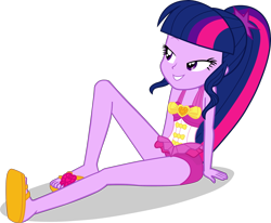 Size: 2636x2172 | Tagged: safe, alternate version, artist:dustinwatsongkx, imported from derpibooru, sci-twi, twilight sparkle, human, equestria girls, accessory swap, bare shoulders, clothes, clothes swap, feet, female, high res, missing accessory, no glasses, one-piece swimsuit, pinkie pie swimsuit, pinkie pie's beach shorts swimsuit, simple background, sleeveless, solo, swimsuit, swimsuit swap, transparent background