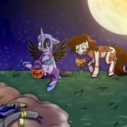 Size: 2000x2000 | Tagged: safe, artist:theultimatecatdog, imported from derpibooru, oc, oc only, oc:autumn rosewood, oc:dreaming bell, oc:dreaming star, bat pony, bat pony unicorn, hybrid, pegasus, unicorn, bag, bandage, belly, belly button, beret, bodypaint, bone, candy bag, clothes, commission, cosplay, costume, face down, fake wings, female, halloween, halloween costume, hat, holiday, horn, male, mare, moon, moonlight, night, night sky, nightmare moon armor, nightmare night, nightmare night costume, outdoors, playing dead, scar, scared, shocked, shocked expression, sky, spread legs, spread wings, spreading, stallion, two toned coat, wasted, wings, ych result