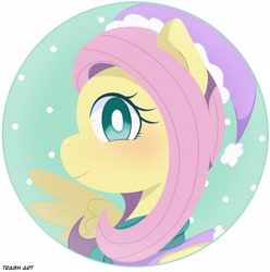 Size: 2028x2048 | Tagged: safe, artist:eltrash_art6, imported from derpibooru, fluttershy, pegasus, pony, blushing, christmas, clothes, cute, female, hat, holiday, icon, mare, scarf, shyabetes, solo, winter outfit