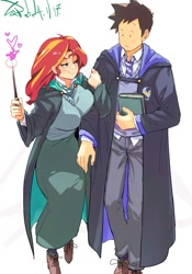 Size: 1400x2000 | Tagged: safe, artist:sozglitch, imported from derpibooru, sunset shimmer, oc, human, bedroom eyes, big breasts, breasts, female, harry potter (series), hogwarts, human female, magic, ravenclaw, redhead, slytherin, wand, witch, wizard, wizard robe