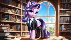 Size: 2272x1280 | Tagged: safe, imported from derpibooru, starlight glimmer, pony, unicorn, ai content, ai generated, book, bookshelf, clothes, female, formal wear, g4, generator:civitai, horn, indoors, jacket, library, long socks, mare, necktie, paper, prompter:civitai, prompter:ilham470, shirt, socks, solo, solo female, stockings, suit, thigh highs, unicorn horn, window