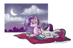 Size: 1110x741 | Tagged: safe, artist:sovwi, imported from derpibooru, pipp petals, zipp storm, pegasus, pony, blanket, cellphone, city, cityscape, duo, duo female, female, g5, lying down, mare, moon, night, night sky, phone, pillow, prone, relaxing, royal sisters (g5), siblings, sisters, sky, sleeping, smartphone