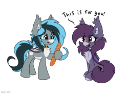 Size: 2600x1900 | Tagged: safe, artist:rejiser, imported from derpibooru, oc, oc:luny, oc:pestyskillengton, bat pony, pony, baguette, bat pony oc, bat wings, bread, chest fluff, collar, ear fluff, female, food, text, wings