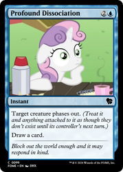 Size: 375x523 | Tagged: safe, edit, imported from derpibooru, sweetie belle, ponyville confidential, ccg, coffee, magic the gathering, my little pony, notepad, thermos, trading card, trading card edit, trading card game