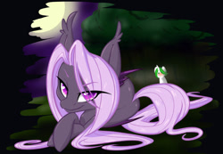 Size: 1125x779 | Tagged: safe, artist:pixxpal, imported from derpibooru, oc, oc only, oc:lilac night, bat pony, pony, unicorn, bat pony oc, bat wings, bedroom eyes, butt, duo, female, horn, looking at you, lying down, male, mare, solo focus, stallion, wings