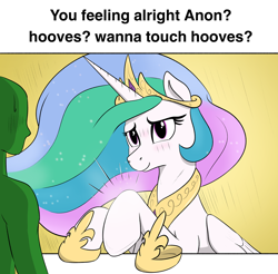 Size: 1260x1240 | Tagged: safe, artist:eels, imported from derpibooru, princess celestia, oc, oc:anon, alicorn, human, pony, boobs? wanna touch boobs?, duo, hoof shoes, hooves, human and pony, jewelry, meme, princess shoes, regalia, solo focus