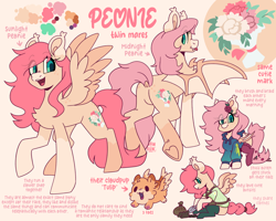 Size: 2500x2000 | Tagged: safe, artist:lionbun, imported from derpibooru, oc, oc:peonie, bat pony, dog, pegasus, bat pony oc, bat wings, character design, female, mare, pegasus oc, pet, reference sheet, siblings, sisters, twins, wings