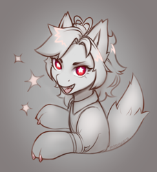 Size: 1050x1150 | Tagged: safe, artist:moewwur, artist:rin-mandarin, imported from derpibooru, oc, oc only, oc:jiusuk, fox, fox pony, hybrid, pony, bust, claws, clothes, doodle, fluffy mane, fox tail, looking at you, open mouth, paws, sketch, socks, solo, stars, tail