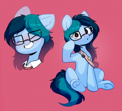 Size: 2477x2246 | Tagged: safe, artist:rexyseven, imported from derpibooru, oc, oc:delta vee, pony, female, glasses, mare, red background, simple background, solo